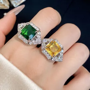 Elegant silver-toned square zircon open ring set with vibrant green and yellow stones