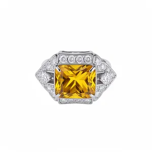 Elegant silver-toned cushion-cut yellow zircon open ring with a geometric halo setting