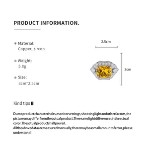 Detailed product dimensions and material specs for the yellow square zircon ring.