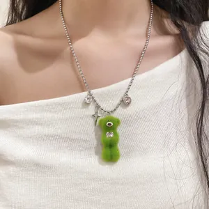 Cute green fluffy bear necklace featuring a sparkling zircon heart and star charms