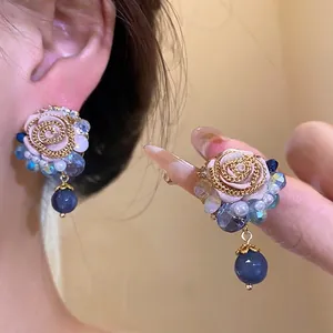 French Vintage Resin Pink Rose Stud Earrings With Silver Earring Post Light Luxury Blue Bead Drop Artificial Pearl Earrings