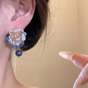 Elegant French vintage pink resin flower stud earrings with blue bead drops and silver needles