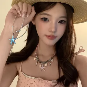 Collier Pendentif Étoile de Mer Conque Coquille en Alliage Corde de Cuir Bohème Vacances à la Mer Rose Argent Émail Chaîne de Clavicule Bijoux Femmes
