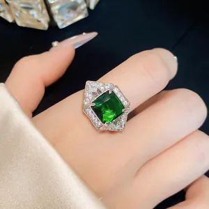 Exquisite square green zircon open ring for women shown in a detailed close-up shot