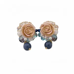 Elegant French vintage earrings with pink resin roses, pearls, and blue stone pendants