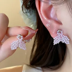 Handmade fishtail seed bead stud earrings with silver needles, elegant purple jewelry for women