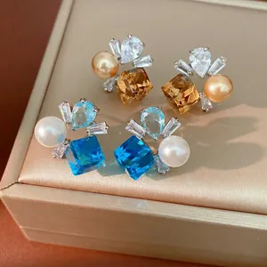 Luxus Kupfer Zirkonia Künstliche Perle Ohrstecker Für Damen Vintage Geometrische Quadratische Wassertropfen Ohrringe Mit Silber Ohrringpfosten Schmuck