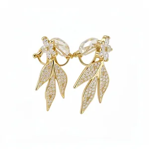 14k gold plated zircon flower leaf ear clips vintage elegant earrings for women.