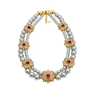 Elegant French vintage double-strand grey pearl necklace with gold floral red gem accents