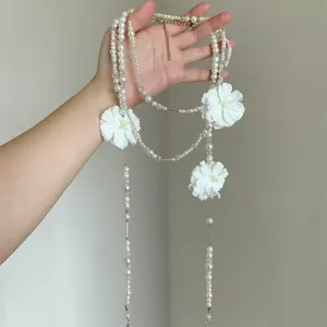 Collana Lunga Multistrato in Perle Artificiali Stile Francese Con Decorazione a Fiore di Camelia Catena per Maglione Donna