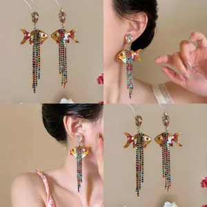 Boucles d'Oreilles Clous Gland Poisson Rouge Avec Tige en Argent Sterling 925 Alliage Émail Strass Bijoux Multicolore pour Femmes