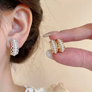 French C-Shape Artificial Pearl Stud Earrings With 925 Sterling Silver Post Rhinestone Hollow Lace Women Jewelry Gift