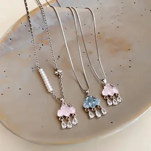 Elegant Korean style cloud necklaces with zircon teardrop charms in pink and blue