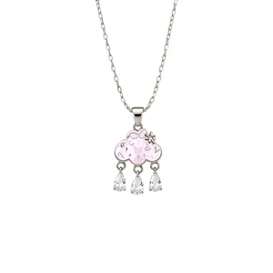 Elegant pink cloud pendant necklace featuring shimmering zircon teardrop rain charms