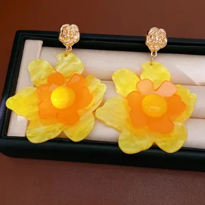Yellow Resin Flower Drop Earrings With Silver Earring Post Handmade Fresh Sweet Vacation Style Jewelry For Women
