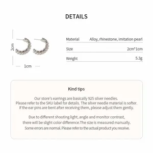 Close-up of C-shaped rhinestone pearl earrings with full dimensions and material specifications.