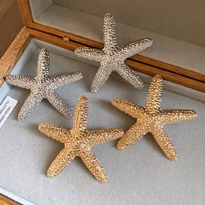 Macro view of textured metal starfish earrings in gold and silver finishes
