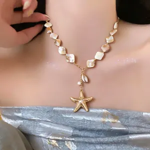Women Vacation Style Irregular Shell Beaded Necklace Gold Plated Iron Starfish Pendant Artificial Pearl Clavicle Chain Jewelry