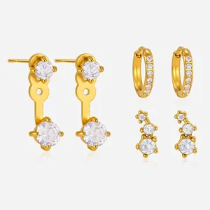 European American Stainless Steel Earring Set 18K Gold Plated Rhinestone Earrings Set For Women Fashion Jewelry Accessories