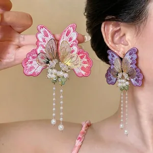 Sweet Embroidered Butterfly Pearl Tassel Earrings With 925 Sterling Silver Earring Post Copper Zirconia Vacation Jewelry For Women