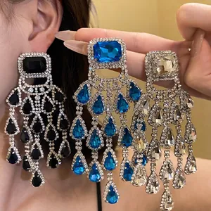 Vintage Luxurious Copper Tassel Earrings With Silver Earring Post Square Water Drop Rhinestone Inlaid Dangle Earrings For Women Wedding Party Jewelry