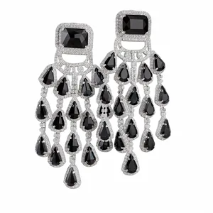 Elegant silver needle chandelier earrings with black rectangular and teardrop stones