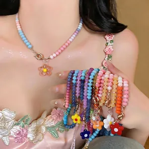 Dopamine Glass Beaded Flower Pendant Necklace Colorful Sweet Vacation Style Clavicle Chain For Women Girls Neck Jewelry Gift
