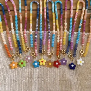 Colorful dopamine glass beaded necklaces with vibrant flower pendants set