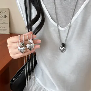 Elegant silver heart pendant necklace with natural stone beads, long chain jewelry for women