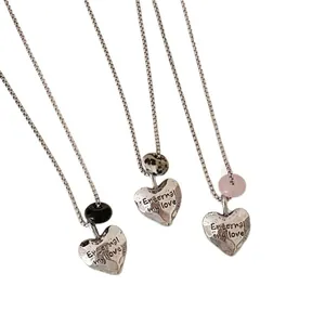 Korean style minimalist silver heart pendant necklaces with natural stone beads for women