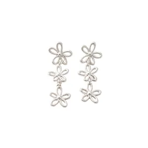 Minimalist silver triple hollow flower drop stud earrings featuring delicate rope texture