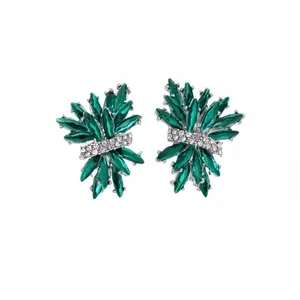 Exquisite emerald green fireworks stud earrings with shimmering rhinestone crystal accents