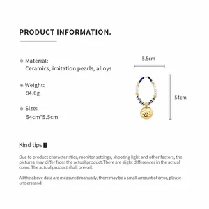 Detailed product information and dimensions for a vintage ceramic and pearl beaded necklace