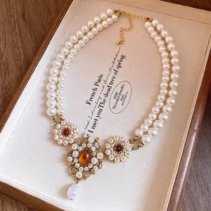 Double-layer pearl necklace with vintage flower resin pendants and baroque drop for women