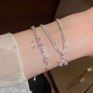 Elegant sparkling zircon bow and flower charm bracelet set for women in sweet style