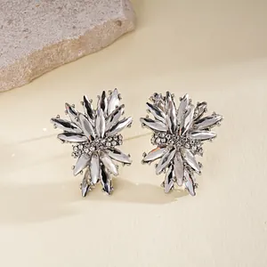 Macro view of elegant silver firework stud earrings with clear sparkling crystals