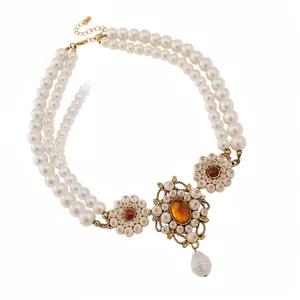 Elegant vintage court style double-layer pearl necklace with amber resin flower pendant