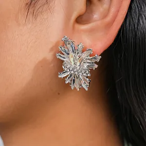 Detailed view of a sparkling rhinestone firework-shaped stud earring on a model ear