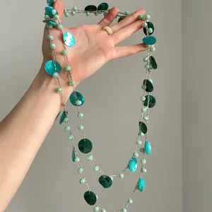 Collana di perle in conchiglia verde retrò da donna, catena lunga per maglioni stile etnico