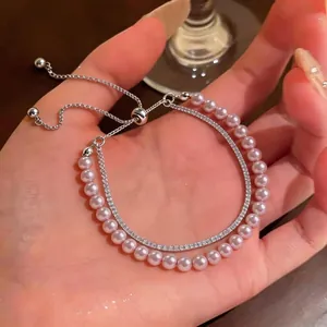 Women Double Layer Bolo Bracelet Copper Zirconia Artificial Pearl Adjustable Pull String Elegant Jewelry Hand Ornament