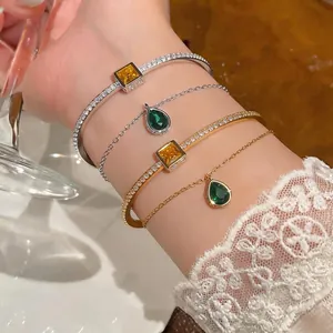Double Layer Zirconia Water Drop Pendant Bangle Luxury Copper Gold Silver Open Bracelet For Women Elegant Jewelry Gift