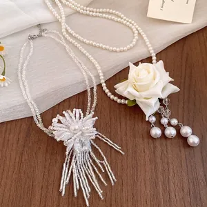 Elegante Collar de Doble Capa de Perla Artificial para Mujer Gargantilla de Flor de Tela con Borlas Joyería de Moda Artesanal Decoración de Fiesta