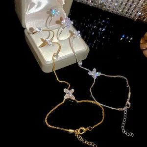 Luxury Copper Zirconia Flower Ring-Linked Bracelet For Women Adjustable Butterfly Hand Chain Fashion Jewelry Gift