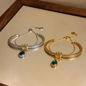Elegant double-layer bracelets with yellow square stones and green waterdrop pendants