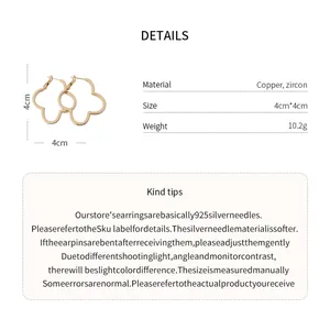 Detail view of 4cm zircon flower hoop earrings with copper material specifications