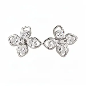 Elegant 18k white gold plated flower stud earrings with sparkling zircons and pearls
