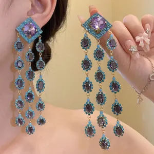 Vintage Copper Zirconia Rhombus Tassel Earrings With Silver Earring Post Elegant Purple Blue Long Drop Earrings For Women Jewelry