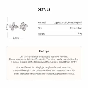 Product details showing size, material, and weight for zircon flower stud earrings