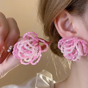 Handmade elegant pink beaded flower stud earrings with high-quality S925 silver needle.