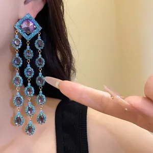 Vintage-style long tassel earrings featuring purple stones and turquoise zircon accents